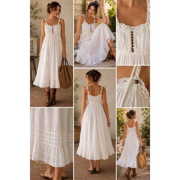White Plum Dresses & Skirts - DaNang Surplus Indo Chine White Cotton Boho Midi Dress Lace Y2K L Romantic